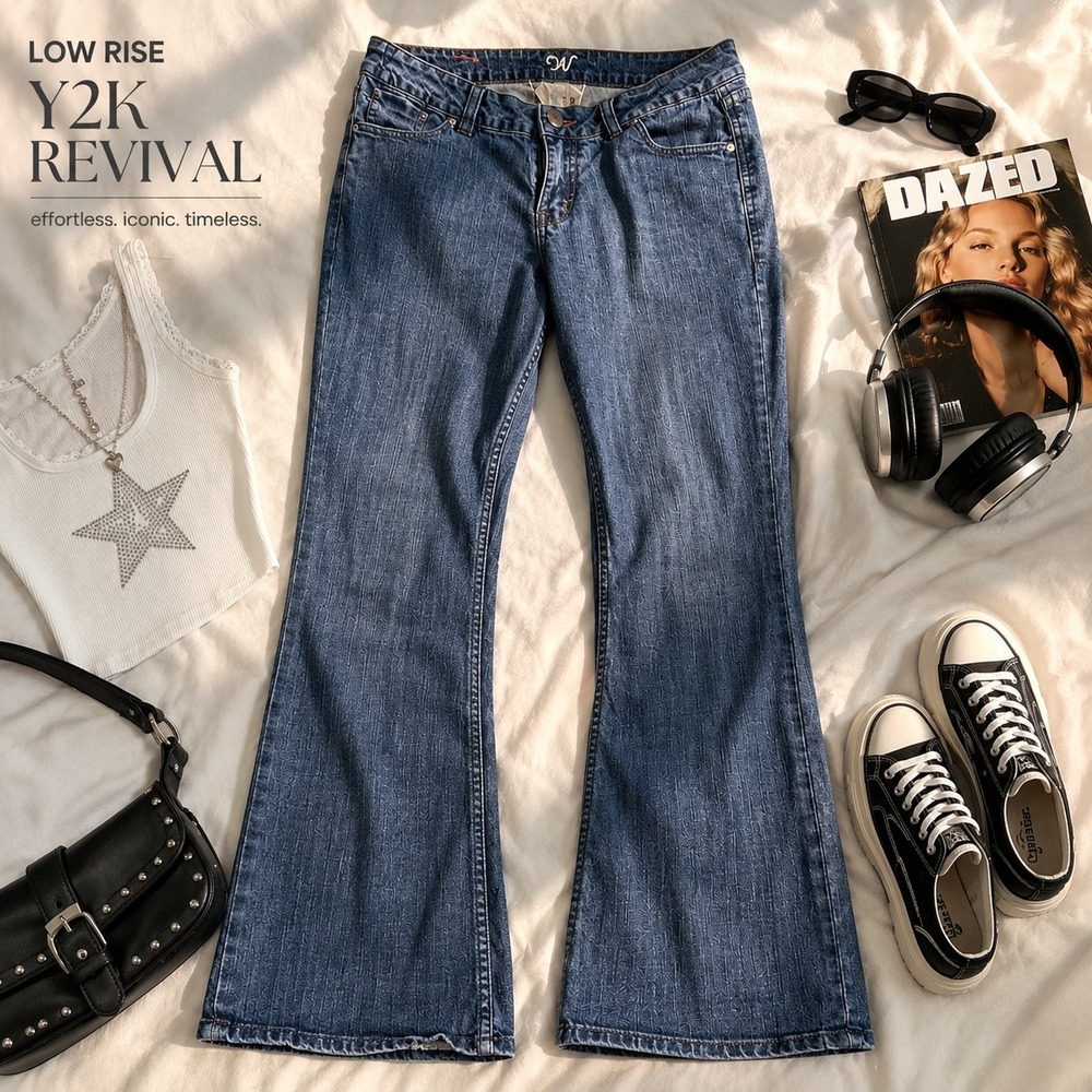 Worn Low Rise Jeans Y2K Revival Dark Wash Bootcut Denim Flare 2000s Aesthetic 6